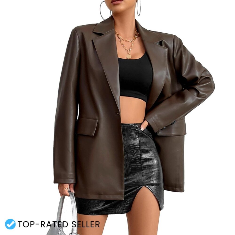 Faux Leather Blazer Jacket Moto Biker Coat Slim Fit Button Closure